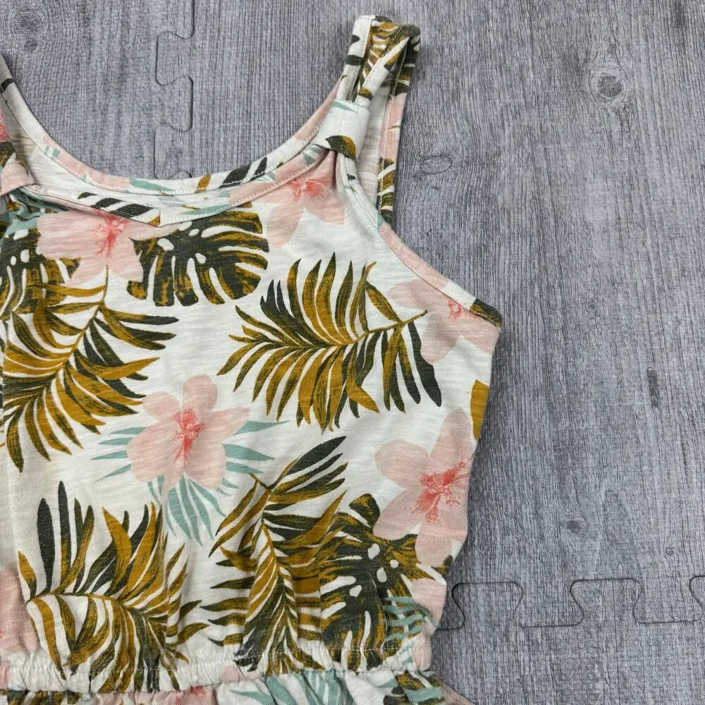 SO Girl's Cream Floral Palm Hibiscus Romper Sz L 10/12 Tropical Beachy Summer